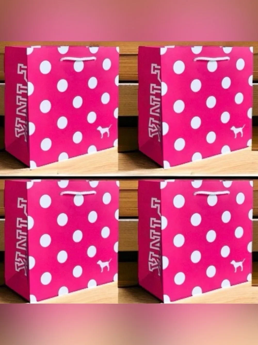 New 4 Victoria's Secret PINK Polka Dots 8”Hx8”Wx4.5”D Paper Gift Shopping Bags